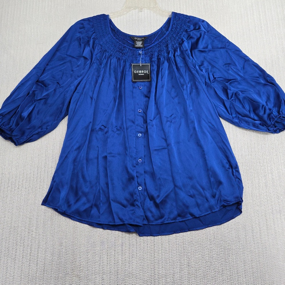 George Charmeuse Peasant Top Shirt Womens 1X Cobalt Blue Smocked Neck New